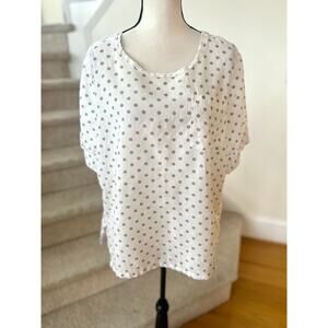 Symple NYC Linen Cotton White Beige Polka Dot Scoop Neck Short Sleeve T-Shirt